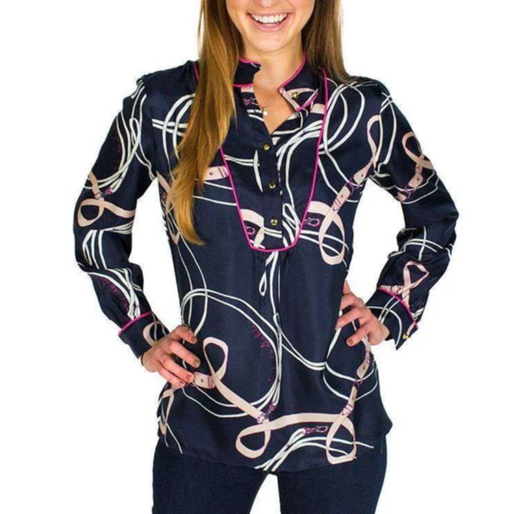 Sail To Sable Blouse On Bleeker Loop in Navy & Pink Country Club Prep XS Silk